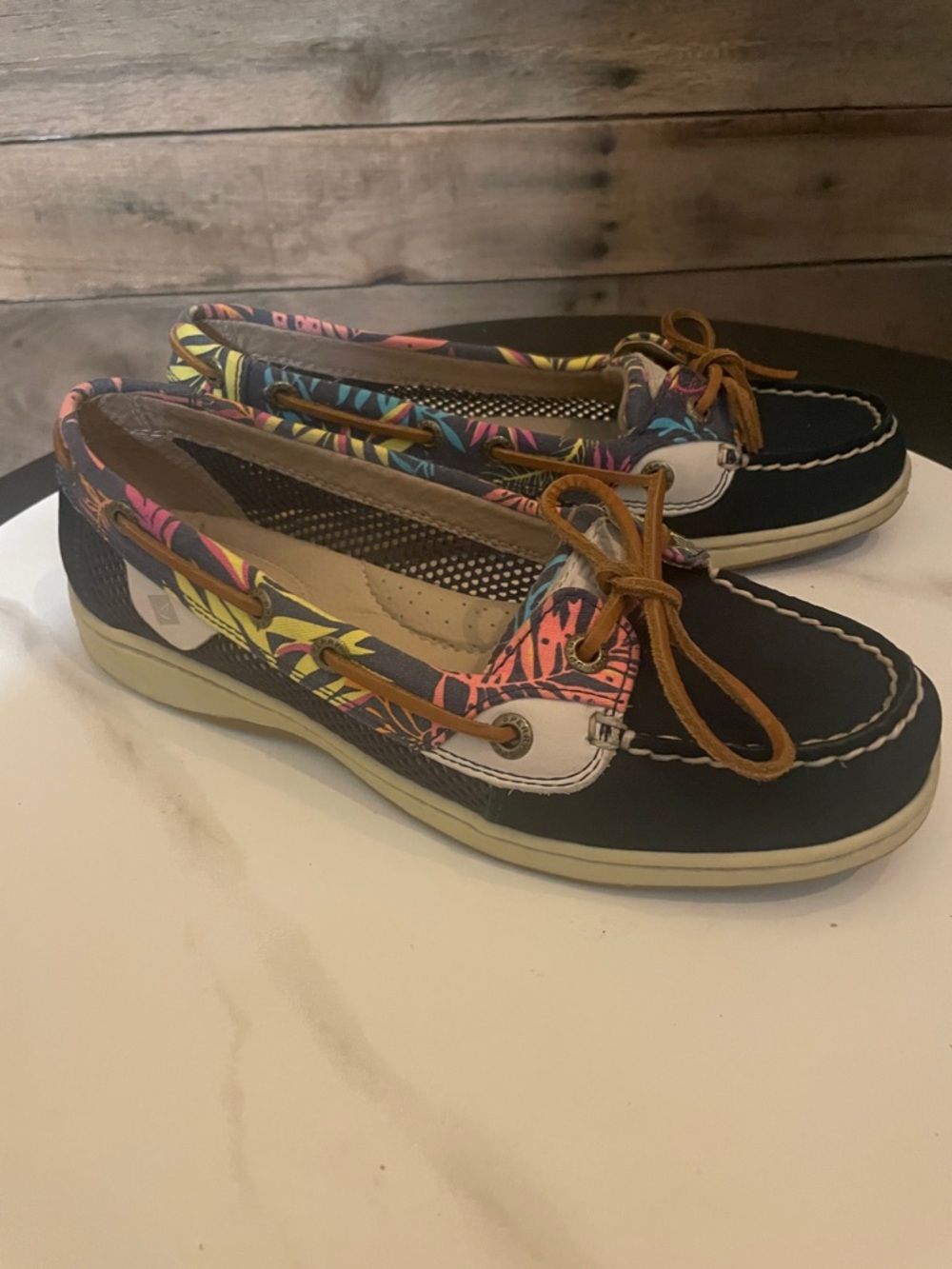 Sperry Navy Moccasin Boat Shoes with Multicolor Trim